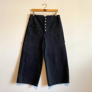 Free People Button Fly High Waist Wide Leg Black Jeans, W 31